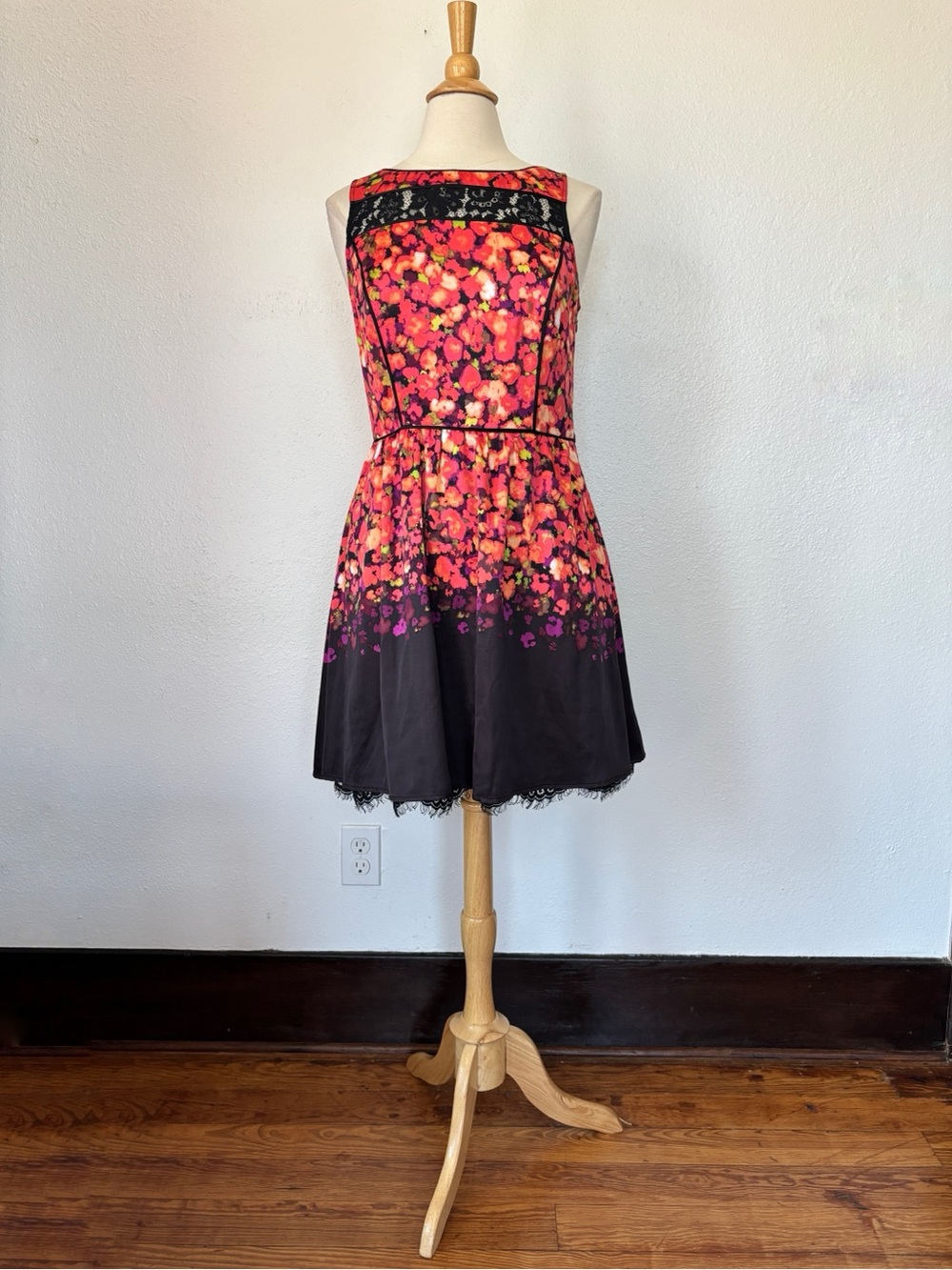 Satin & Lace Watercolor Floral Fit & Flare Cocktail Dress